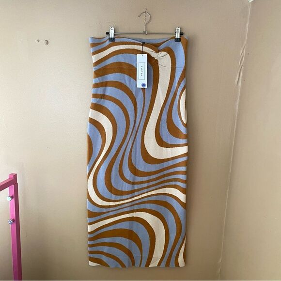 RHODE Ettie Floral Knit Midi Skirt Blue Brown Maxi Pencil Skirt Slit NWT L - Picture 12 of 12